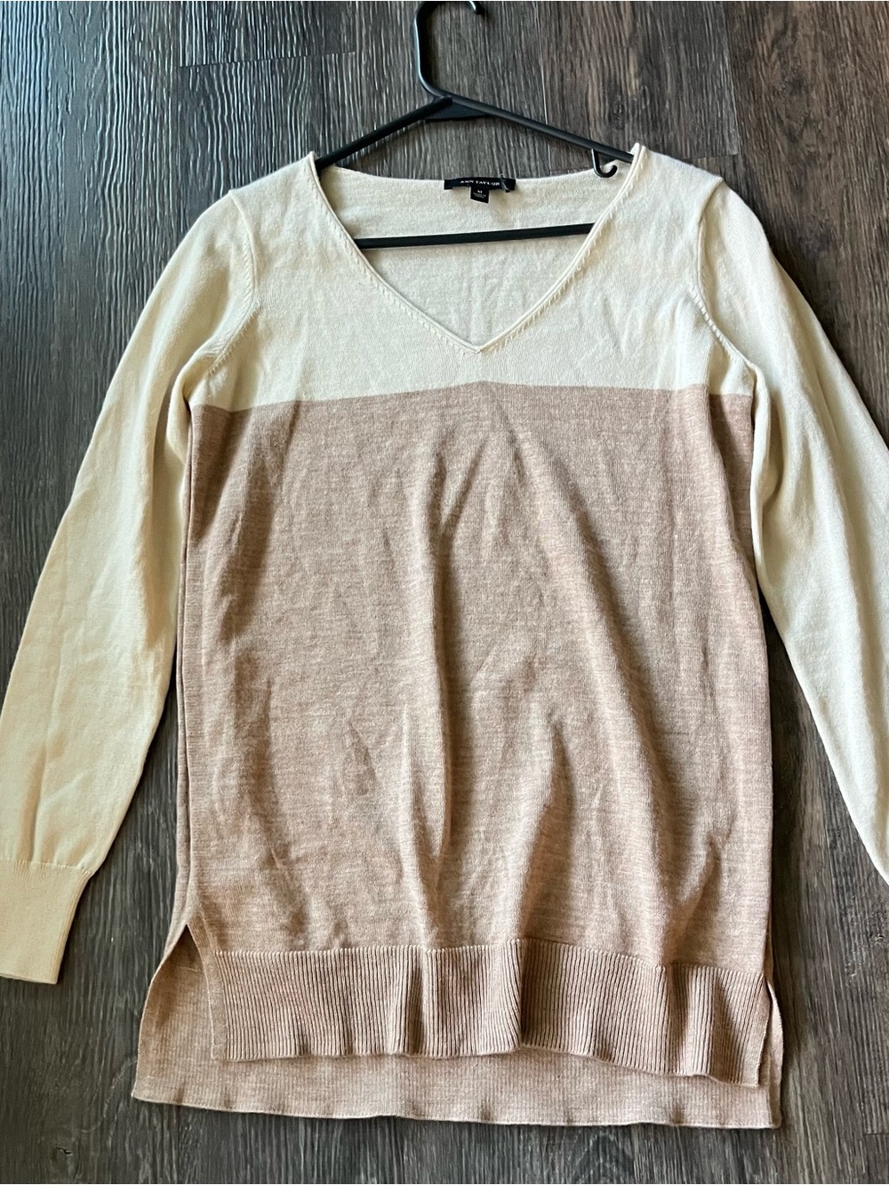 Ann Taylor  Two-Tone V-Neck Sweater - Cream and Tan merino wool